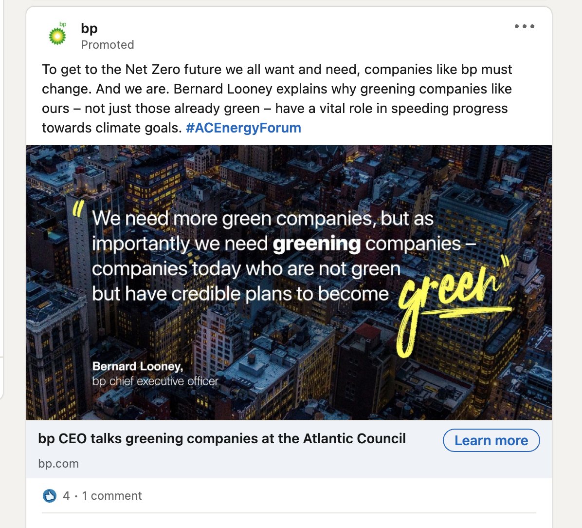 changeit_app's tweet photo. In this Linkedin promoted ad you can see how BP focus is on promoting their "green initiatives" instead of acting on them!

#NoMoreEmptyPromises #ClimateAction #ClimateActionNow https://t.co/e59ceXymUI