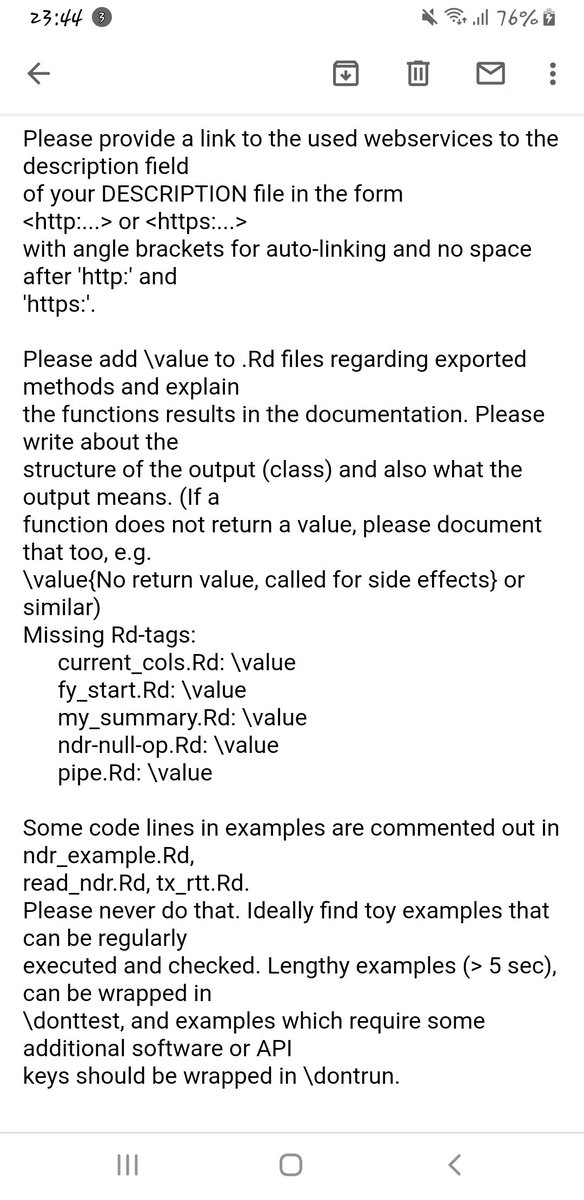 eppydoc's tweet photo. Feedback from CRAN package submission today. Not bad for a first attempt uh?
I can't thank @hadleywickham and the RStudio community enough for making package development and submission easy.
Fingers crossed!
#Rstats #rpackage https://t.co/frqSL8E4YB