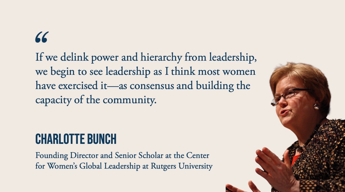 'If we delink power and hierarchy from leadership, we begin to see leadership as I think most women have exercised it - as consensus and building the capacity of the community.' #CSW65 #NGOCSW65VirtualForum