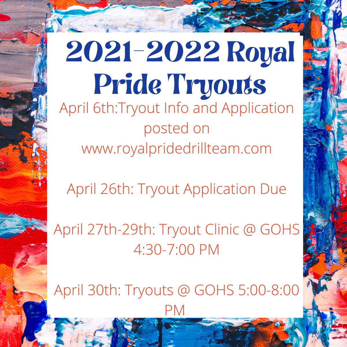 GOHSRoyalPride's tweet photo. We’ve had a lot of interest in joining our team for the 2021-2022 school year!! Save the dates and note that our tryout information and application will be posted on April 6th at https://t.co/6u6TE7kuBw https://t.co/Qpl0AEfq0z