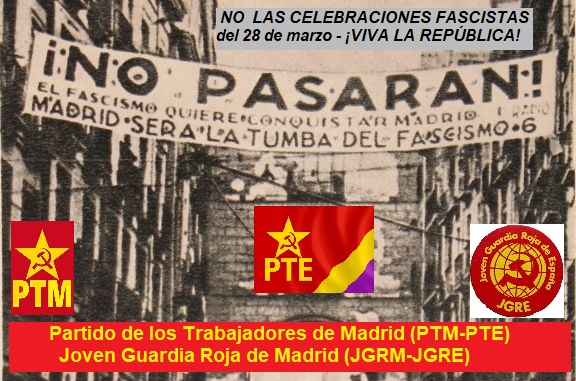 CONTRA LA CELEBRACION DE LA CAIDA DE MADRID EN MANOS FRANQUISTAS el 28 de marzo de 1937      facebook.com/pteort/posts/5…
Permitir a los fascistas celebrar la caída de Madrid en el 37, es un INSULTO a los vencidos, a sus familias, a la democracia y a la libertad. ¡NO AL FASCISMO!