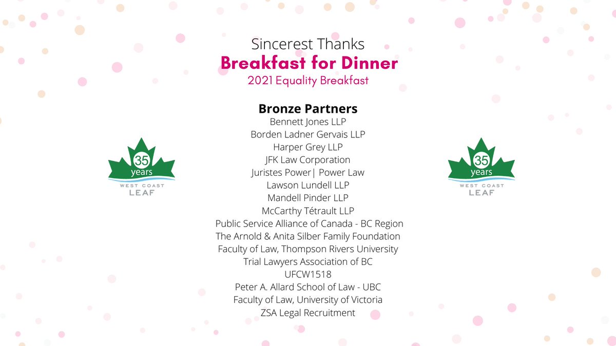 WestCoast_LEAF's tweet photo. To our incredible, invaluable Bronze Partners: THANK YOU for your support; THANK YOU for showing up for gender justice. We are so grateful for you.
#EqualityBreakfast2021 #BreakfastForDinner #BronzePartners #ThankYou #GenderJustice https://t.co/mvrozED1sl