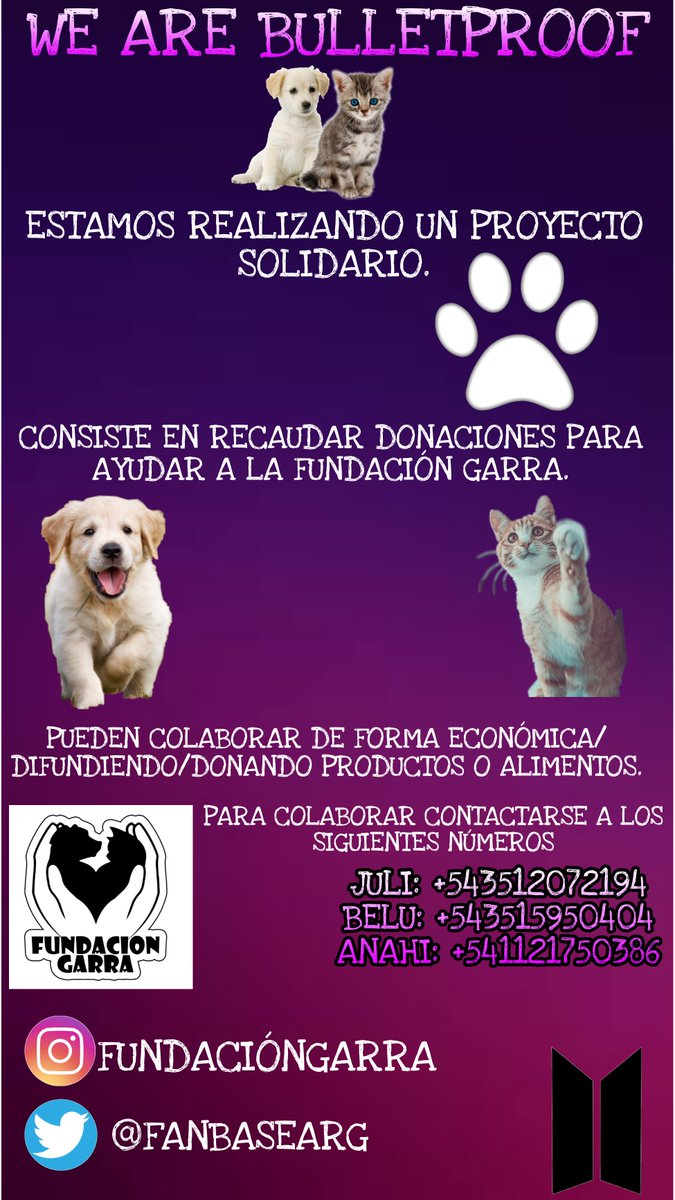 Buenas noches💕 estamos realizando un proyecto solidario, quien quiera colaborar se puede comunicar conmigo o con alguno de los números. Nos pueden ayudar compartiendo. Muchas gracias💕💜