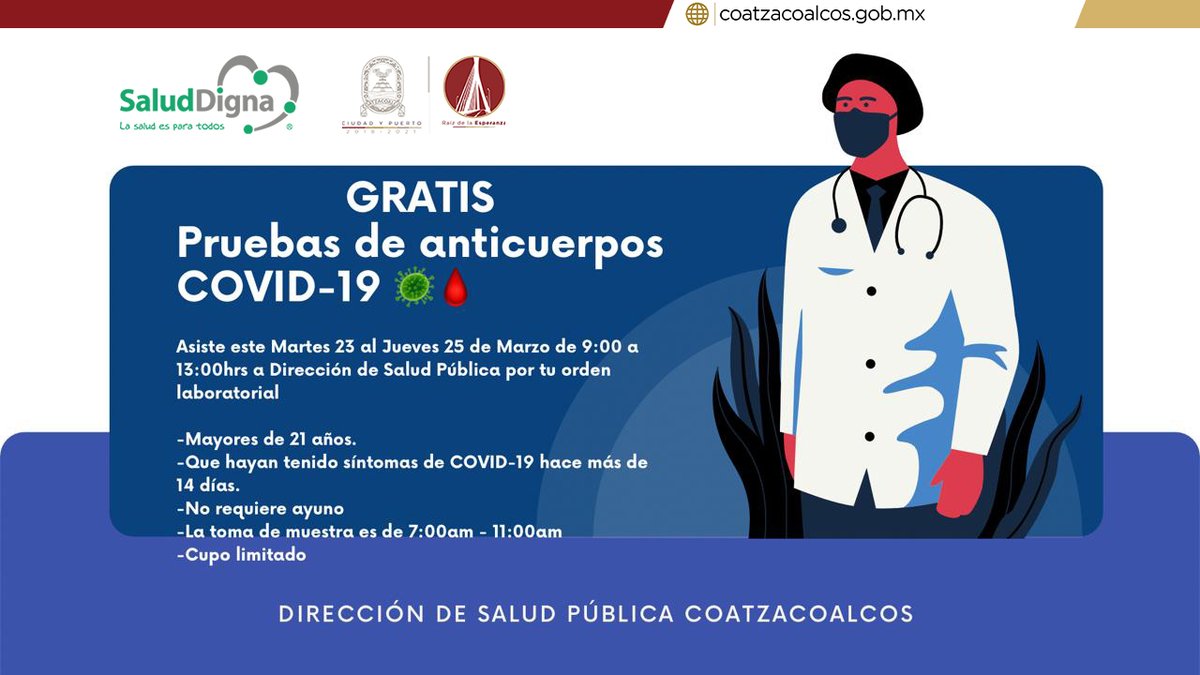 coatzagob's tweet photo. #Coatzacoalcos #SaludPúblicaMunicipal #PruebasGratis ⚕👨⚕️🦠
Acude del martes 23 al jueves 25 de marzo a la Dirección de Salud Pública para obtener gratis tu orden laboratorial con la que podrás realizarte la prueba de anticuerpos COVID-19.
Conoce los requisitos aquí 👇 https://t.co/PTdcCUBpeV