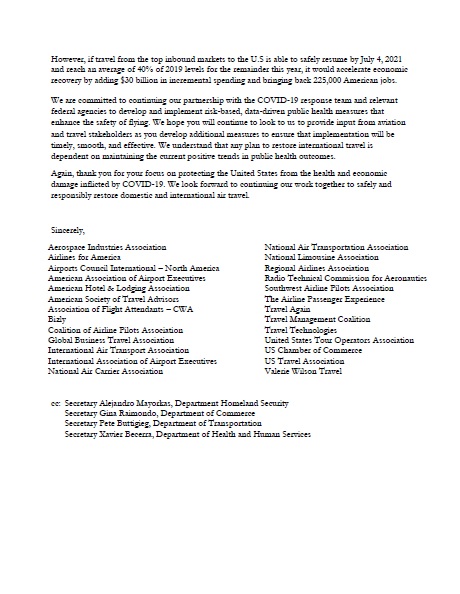 Full text of letter by airline and business groups to the White House on opening international travel.