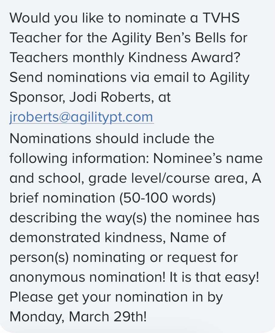 TVHSPTSG's tweet photo. Send your TVHS teacher nominations to jroberts@agilitypt.com!  Show these wonderful teachers your appreciation. https://t.co/h9Vt36DJpG