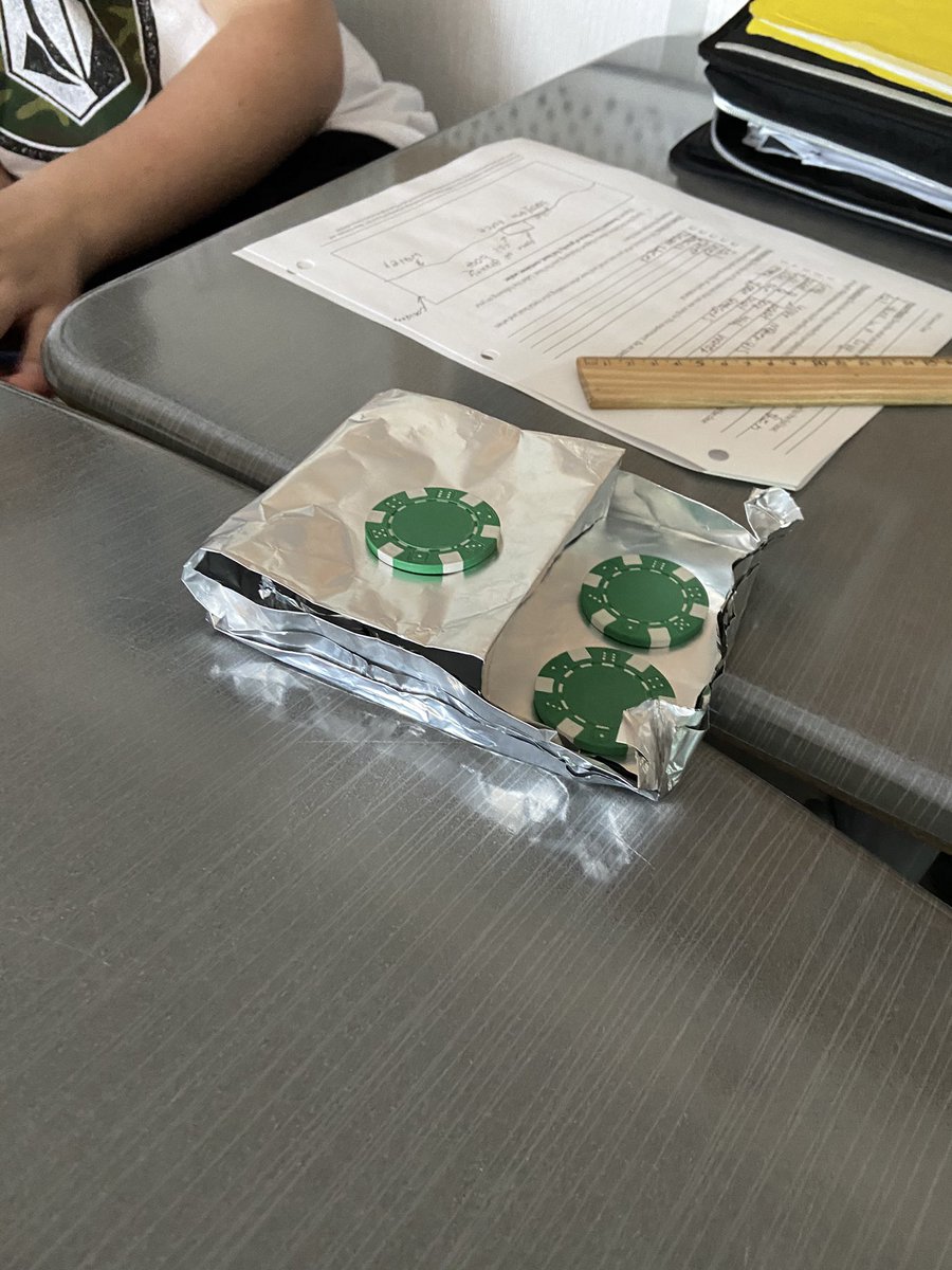 jmoco95's tweet photo. In our Fluids unit today, we asked and tested if buoyancy “gave up” through the use of aluminum foil boats and the weight of poker chips. Thank you for the engaging lesson, @MrGabrie1! @StMargEagles https://t.co/QEkTN393ea