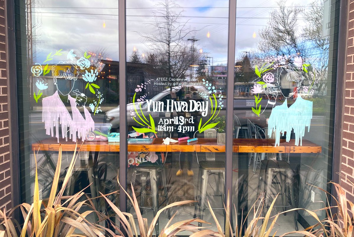 RaniIllustrates's tweet photo. Just got back from decorating @teanteausa ‘s windows for Yunhwa Day on April 3rd!! Also taste-tested the special event drinks 😋🧋🧋Will post those soon!! #ATEEZ #SEONGHWA #YUNHO #에이티즈 #성화 #윤호 https://t.co/vDFTR7KO3u