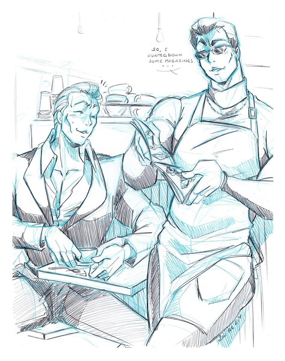 uploadds1's tweet photo. I’m going to miss @laveerie ‘s beautiful sketch commissions 🥺💖
This last one is of @BlacklightAlex ‘s and my Coffeeshop AU. GatBoss anytime, anyplace, anywhere. 🙏🏼💖⚜️ https://t.co/HgFsX0Zrgi