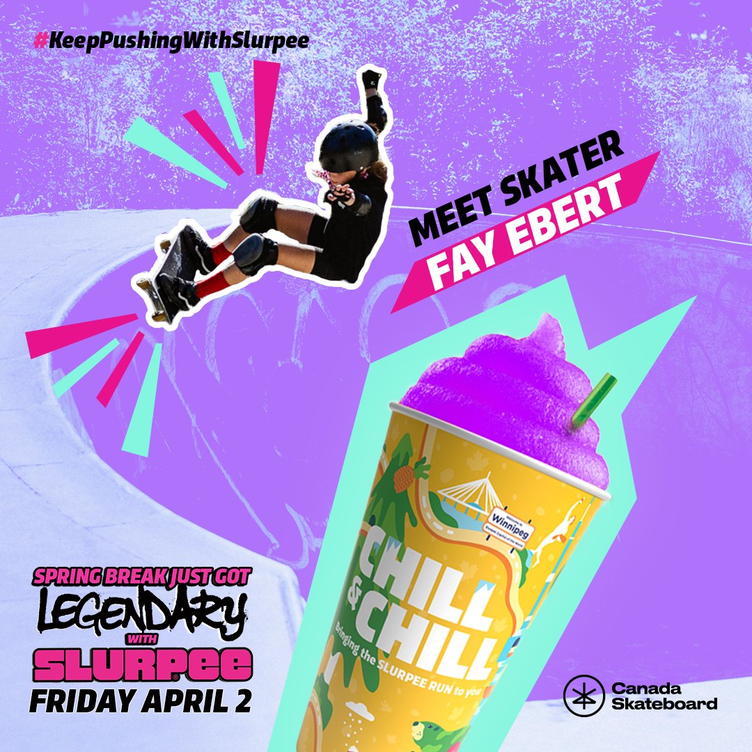SlurpeeCanada's tweet photo. The amazing Fay Ebert will be taking over the Slurpee Canada IG on April 2! Learn some tips and tricks from one of our favourite Canadian skating legends 🛹

Get your $1 Large Slurpee delivered from March 15 - April 2nd. PROMO CODE: CHILL711

#KeepPushingWithSlurpee https://t.co/LZ8t80kn24