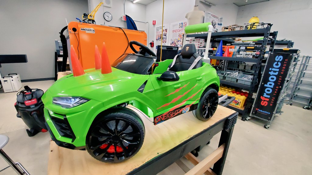dotsciguy's tweet photo. Our first #gobabygo car is about to roll out of the workshop. From 3d printing to vacuum forming to custom graphics, our #innovationlab at @StFrancisSDWI helped make the Jurassic Park theme possible. #SFROBOTICS #oneighty #tech4good https://t.co/4rpLl8ndHq