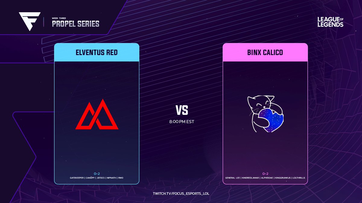 Focus Propel Series week 3 tonight! We got @elventusgg Red, taking on <a href="/BINXgg/">BINX Gaming</a> Calico in a best of 3 tonight at 8PM EST! Make sure to tune! 

Casters: <a href="/Roodood1/">Roodood</a> and @LoL_G0RDO
on: twitch.tv/focus_esports_…