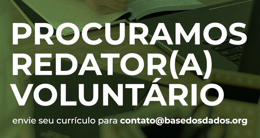 basedosdados's tweet photo. Procuramos por uma(a) redator(a) voluntário de tutoriais de dados! 📝💻
Estamos buscando por uma pessoa com uma boa escrita, interessada em explorar novas bases e motivada a compartilhar esse conhecimento para ser responsável pelos novos tutoriais da BD. Siga o fio🧶 https://t.co/v4AlljPwaa