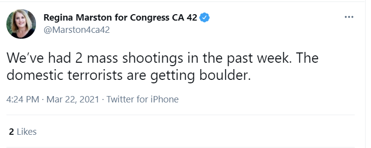 Screencap of a tweet by @Marston4ca42 saying "We've had 2 mass shootings in the past week. The domestic terrorists are getting boulder."