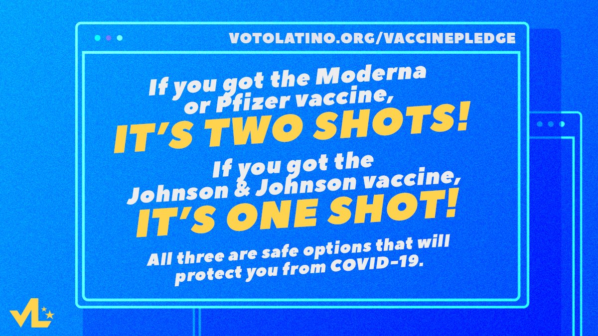votolatino's tweet photo. Remember, if you get the Moderna or Pfizer vaccine, it’s 2 shots.

If you get the Johnson &amp; Johnson one, it’s 1 shot. 

Make sure you get the appropriate amount of doses. 💉 
 
Pledge to get vaccinated: https://t.co/ppA7U1Bxvz https://t.co/WXn2hw4Bwy