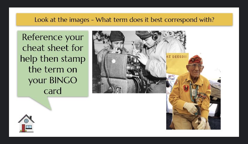 historysandoval's tweet photo. For our BINGO game I projected a slide of pictures, they used their printed cheat sheet (words with definition) to find the term https://t.co/extgiNoYfP