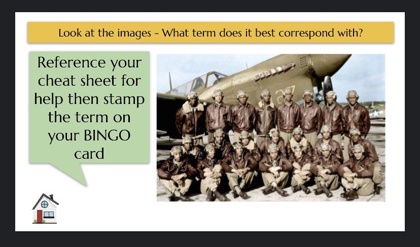 historysandoval's tweet photo. For our BINGO game I projected a slide of pictures, they used their printed cheat sheet (words with definition) to find the term https://t.co/extgiNoYfP
