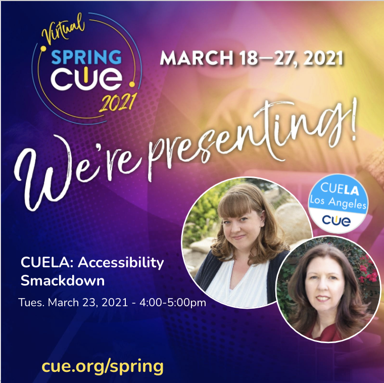 cuelosangeles's tweet photo. Don't miss out on our two affiliate sessions at this year's #SpringCUE! Join @KristinOropeza and @Filibuster3 TOMORROW at 4pm for their "Accessibility Smackdown!" - @GoogleForEdu &amp; @MicrosoftEDU go head to head in the battle of accessibility greatness!! Don't miss it! #wearecue https://t.co/EEXVpcepWX
