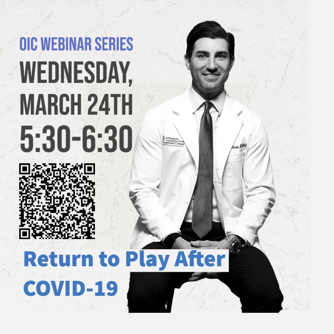 Join Dr. Joshua Goldman 3/24 at 5:30pm  for his discussion on return to play plans after COVID-19 for student athletes and coaches, as part of the OIC Center for Sports Medicine Webinar Series.
CEU credits can be earned for $10. Register ortho-institute.org/webinar