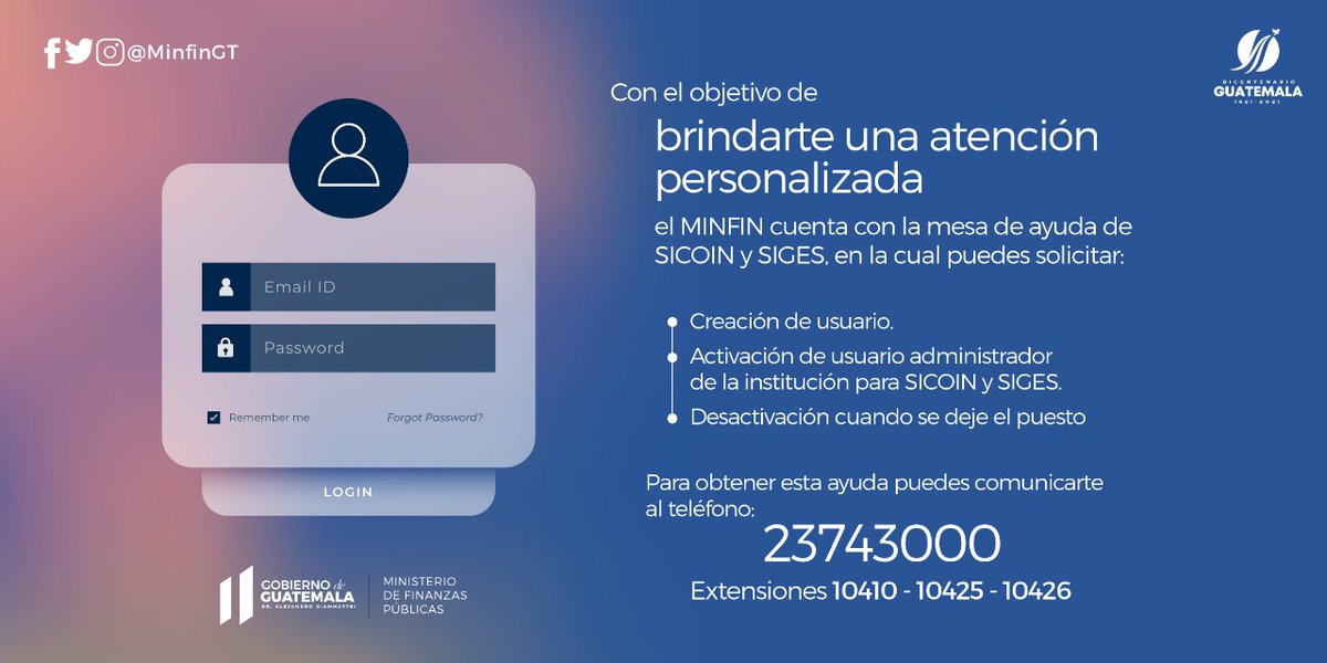 MinfinGT's tweet photo. #GestiónMinfin 🇬🇹 | ¿Eres usuario de los sistemas #SIGES y #SICOIN?
Comunícate con nosotros y te ayudaremos a resolver tus consultas. https://t.co/AJ7vElPcdM