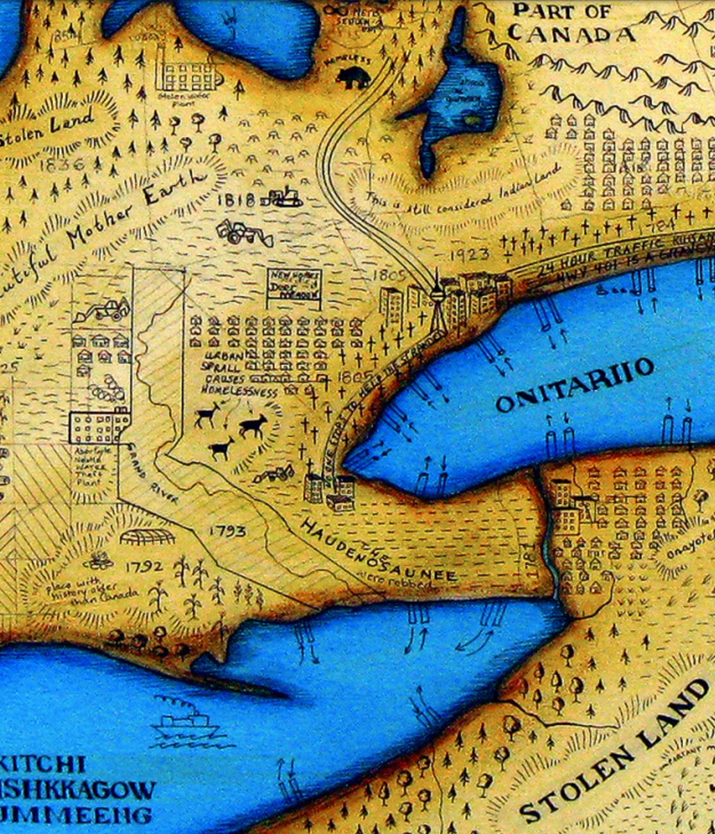 decolonialatlas's tweet photo. Good Land by @christibelcourt shows 2 depictions of 1 map. On one side, it contains original place names, &amp; markings that show an Indigenous world view. On the other, words have been taken from existing historical maps: good land, land unfit for civilization, &amp; Part of Canada. https://t.co/US6ch2VqQK