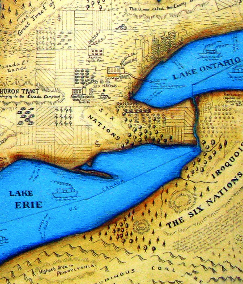 decolonialatlas's tweet photo. Good Land by @christibelcourt shows 2 depictions of 1 map. On one side, it contains original place names, &amp; markings that show an Indigenous world view. On the other, words have been taken from existing historical maps: good land, land unfit for civilization, &amp; Part of Canada. https://t.co/US6ch2VqQK