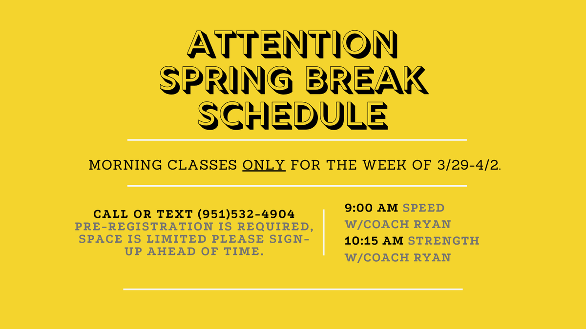 Boost_Training's tweet photo. Next week is a modified schedule for spring break. Call or text (951)532-4904 to save your spot!
#boosttraining #boostgang #strength #speed #cob #circleofboost https://t.co/lj64cjVCf3