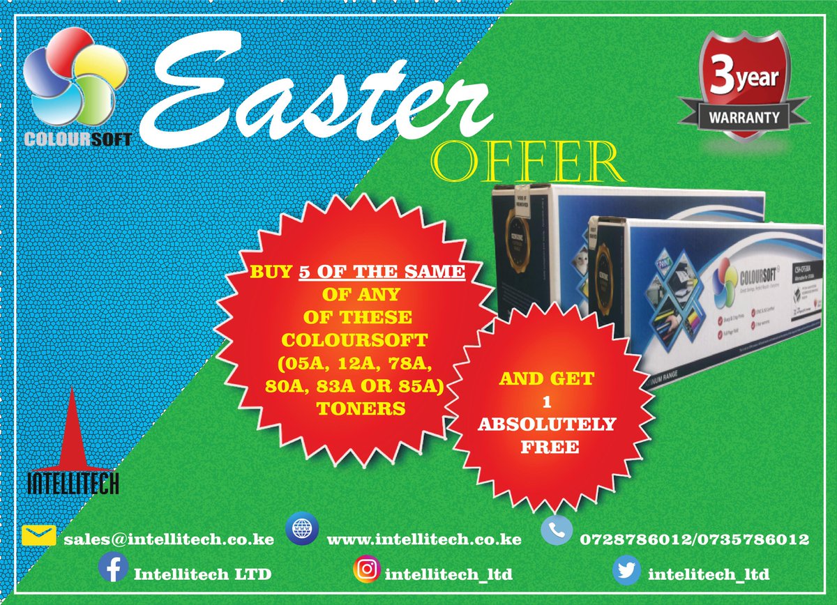 intellitech_ltd's tweet image. Easter is just around the corner and we love giving you deals! 😍Get 1 toner absolutely free! Don&apos;t be left out!!!! Call us on 0728 786012/0735 786012 to take advantage of this deal while stocks lasts!!!
#PrintMoreForLess #coloursoft #MpesaBusinessTill #KuzaAwards2021