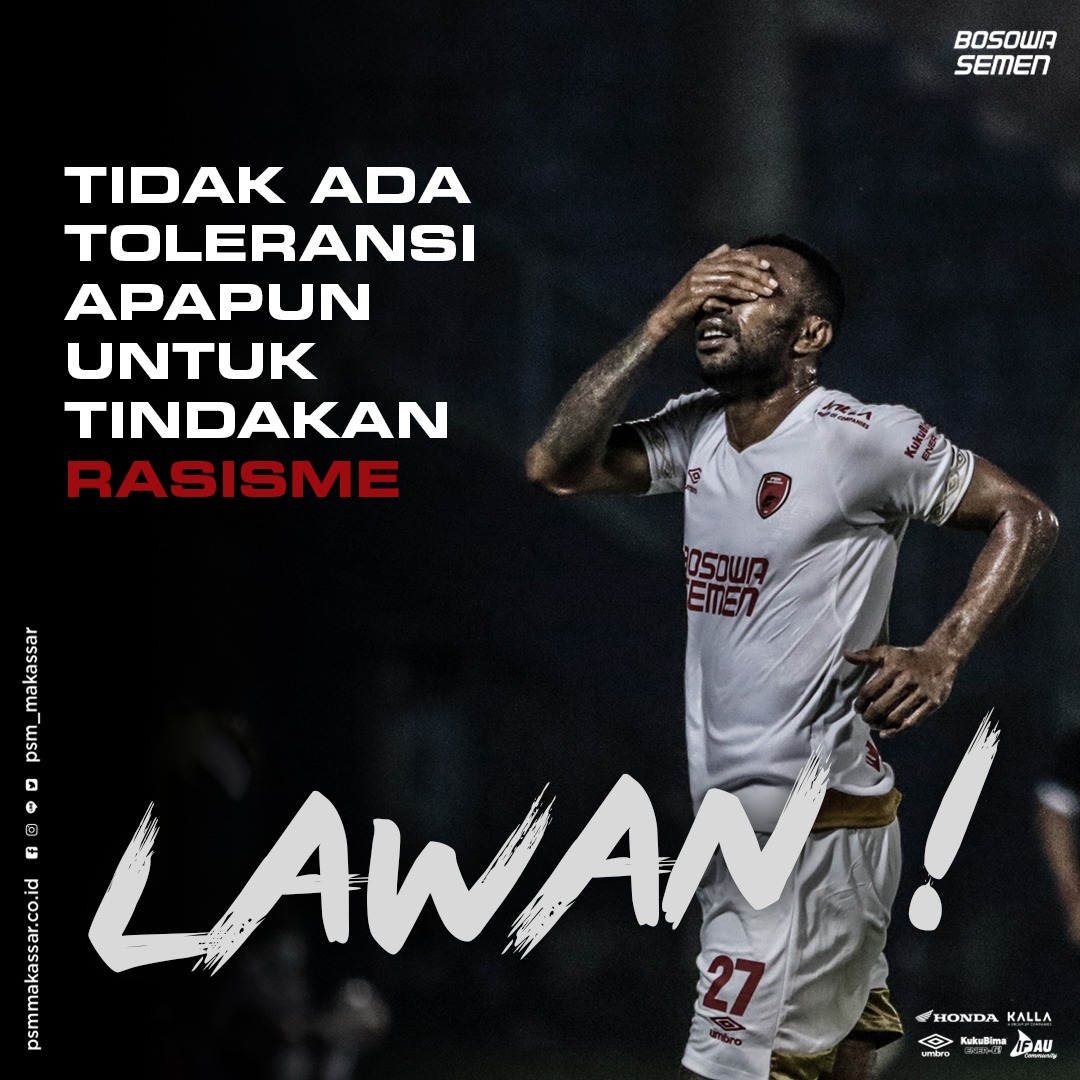 PSM_Makassar's tweet photo. Kami menentang keras rasisme dengan alasan dan bentuk apapun.

Sepakbola adalah hiburan.
Sepakbola adalah pemersatu!

#EwakoPSM #KickRacismOut #respect https://t.co/D7w4NF013P