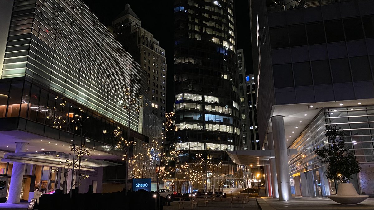RyanVoutilainen's tweet photo. #Artistic #trees outside the @FairmontPacific Rim w/ the #MarineBuilding in the background &amp; the #ShawTower to the right on a clear, calm evening. 
Interestingly the Marine Building used to be on the #waterfront.

#YVRwx #Vancouver #CityCentre #Cityscapes #ShareYourWeather https://t.co/QsLclx9uaX