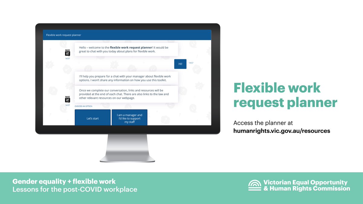VEOHRC's tweet photo. Interested in finding out more about flexible work arrangements and your rights at work? Try our 'Flexible work request planner' — it’s a free and confidential chatbot that guides you through options for working flexibly and how to make your request.
https://t.co/JFTZxYKrsS https://t.co/7SXHYweVwX