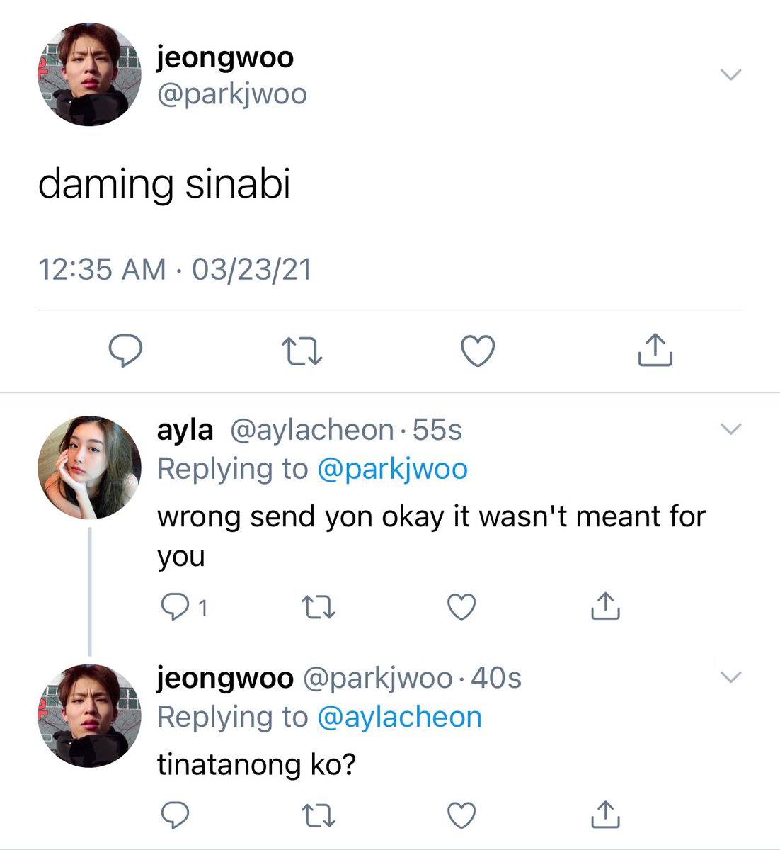 TILA TALA. 
a jeongwoo filo socmed au 

despite their parents being friends, jeongwoo and ayla wouldn't just get along. enemies since birth, may chance kaya mabago ang lahat after receiving that message from her?