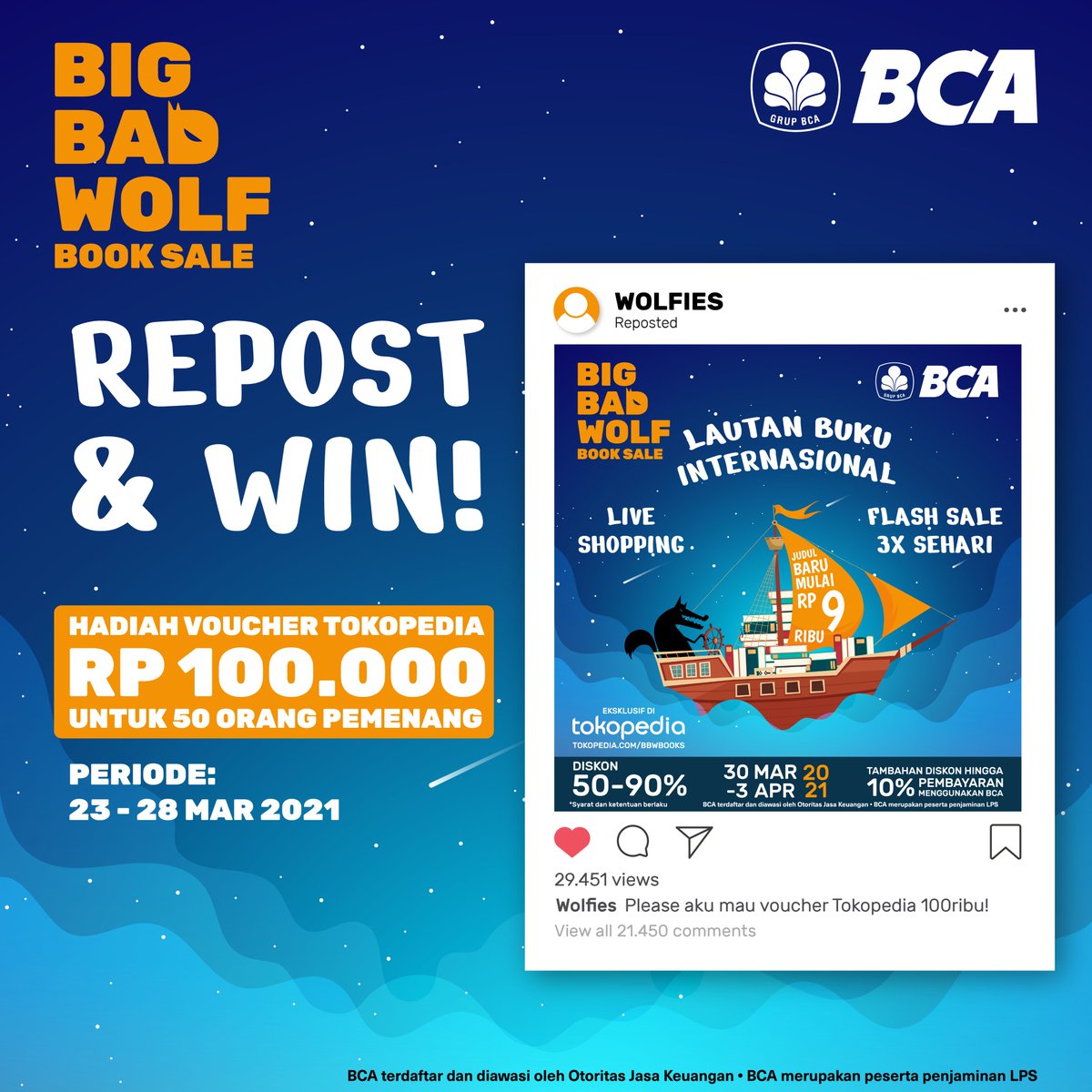 bbwbooks_id's tweet photo. Wolfies yuk REPOST info event Big Bad Wolf Books dan menangkan voucher Tokopedia senilai Rp. 100.000 rupiah yang bisa digunakan untuk membeli buku di bazar Online 30 Maret - 3 April nanti. https://t.co/JUK2c5eOGe
