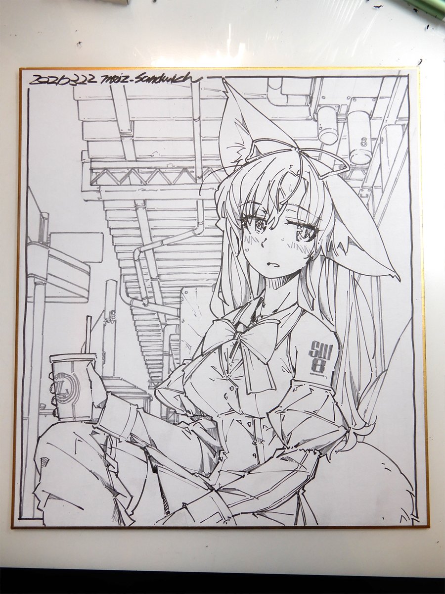 【作業中:くたびれコンパニオン】清書できました。
#色紙 #線画 #狐娘 