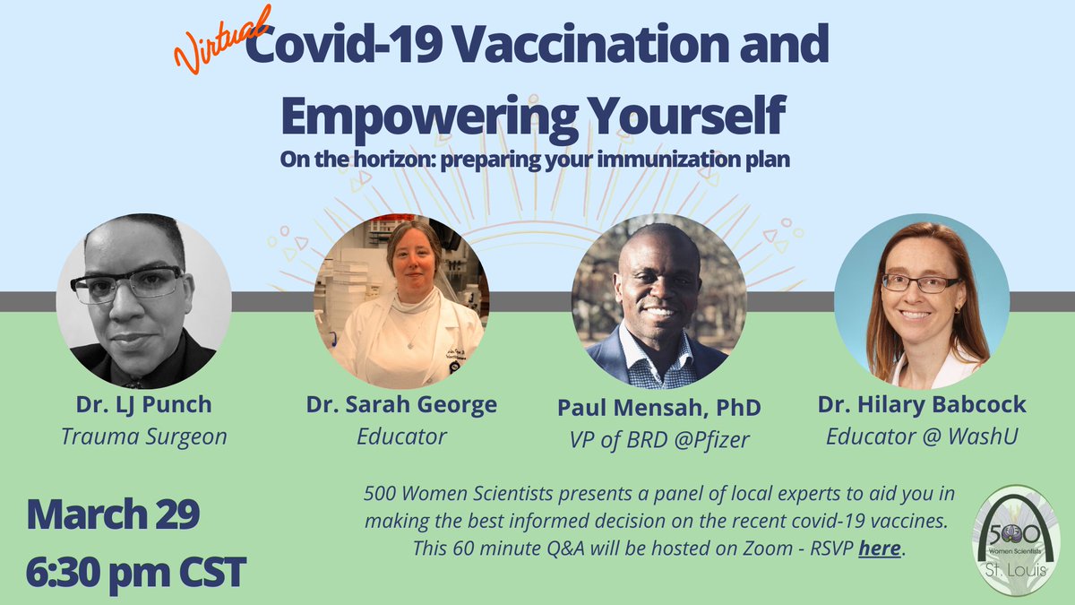 500wsSTL's tweet photo. Questions about the recent COVID-19 vaccines? Join us Monday, March 29 at 6:30 pm CST for a free virtual webinar with 4 local vaccine experts and get your questions answered!  Register and submit your questions here: https://t.co/Ez1eC3KTgQ https://t.co/X9LrHvm7Z7