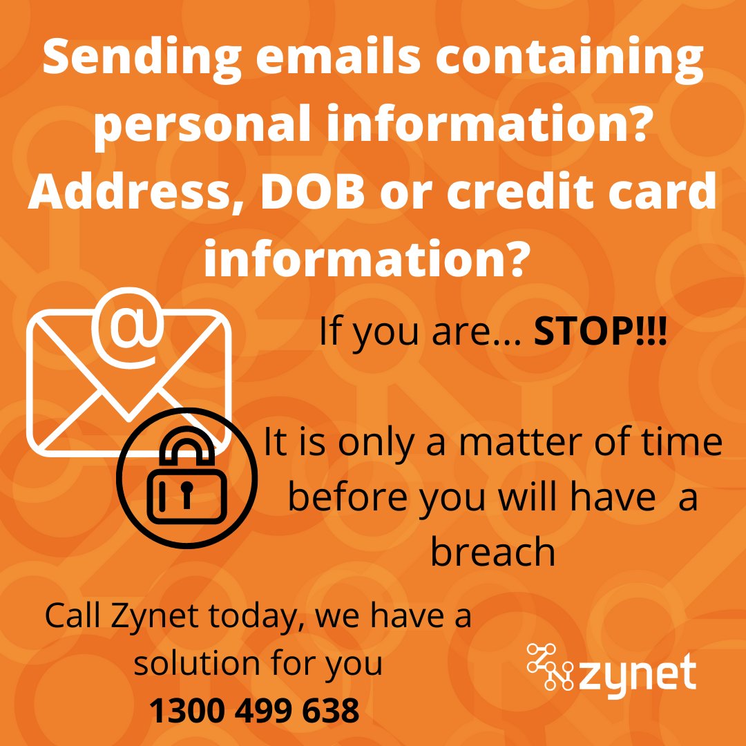 Zynet_IT's tweet photo. It is your obligation to protect the personal information that is being sent via email.
Zynet has a cost effective solution to that can help protect you and your business. 
Reach out today on 1300 499 638 
#CyberSecurity #DataBreach #ProactiveIT #Collaboration #CyberResilience https://t.co/NhhB5mpTrg