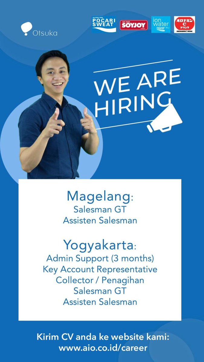 OPPSforID's tweet photo. [Job Vacancy] PT Amerta Indah Otsuka :

Wilayah Magelang:
Salesman GT
Assisten Salesman

Wilayah Yogyakarta:
Admin Support (3 months)
Key Account Representative
Collector / Penagihan
Salesman GT
Assisten Salesman
 
Details: https://t.co/m8kvJJkqOC

#OPPORTUNITIESforID #JobVacancy https://t.co/paiiB36362