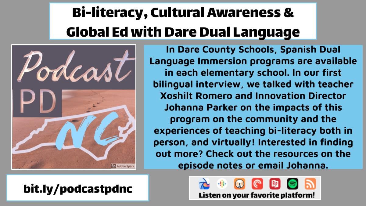 johannajparker's tweet photo. The latest #PodcastPDNC episode is all about #DareDualLanguage! @ms_xoshilthn rocked this interview! 🎉 
https://t.co/JxWv2qAfRO @Daretolearn_DCS @MolleeBranden @ncdpiDTL @braveneutrino @techguybeneck https://t.co/7yKuIltCNb