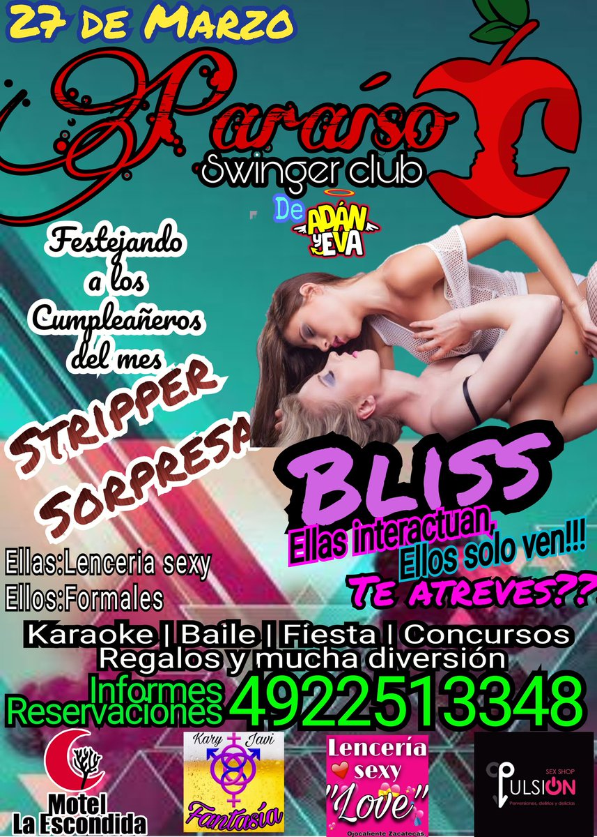 ParaisoSwZac's tweet photo. #ParaisoVIP #SwingerClub los invita este 27 de Marzo a festejar a los cumpleañeros del mes con strippers sorpresa.
#NocheDeBliss ellas interactuan. Ellos solo ven!!! Se atreven????
#LenceriaSexy premio especial al mas sexy.
#GangBangSorpresa https://t.co/EyXg9TGF3v
