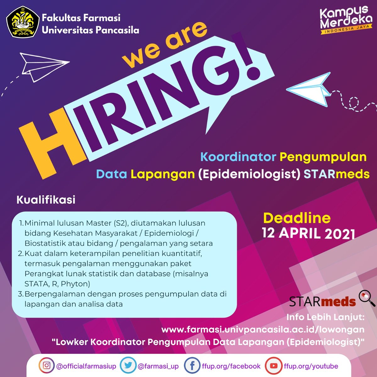 Farmasi_UP's tweet photo. DIBUTUHKAN : Koordinator Pengumpulan Data Lapangan (STARmeds). Info lebih lanjut ⬇⬇⬇⬇

@ElizabethPisani 

#lowkerfarmasi #infolowker #ffup #starmeds https://t.co/vlAjgBBchy