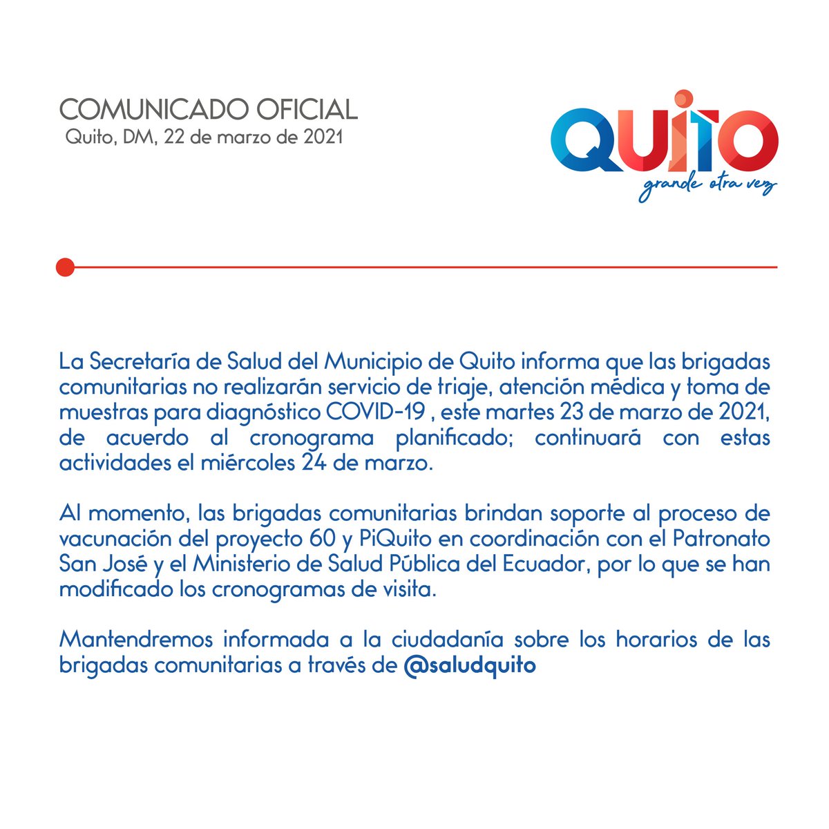 saludquito's tweet photo. COMUNICADO OFICIAL | La Secretaría de Salud informa que este martes 23 de marzo las brigadas comunitarias brindarán apoyo en la vacunación de adultos mayores del proyecto #60YPiQuitoIntegral, por lo que no realizarán atención médica, triaje o toma de muestras.
#NoTeRelajes https://t.co/EMgqBDGGgL