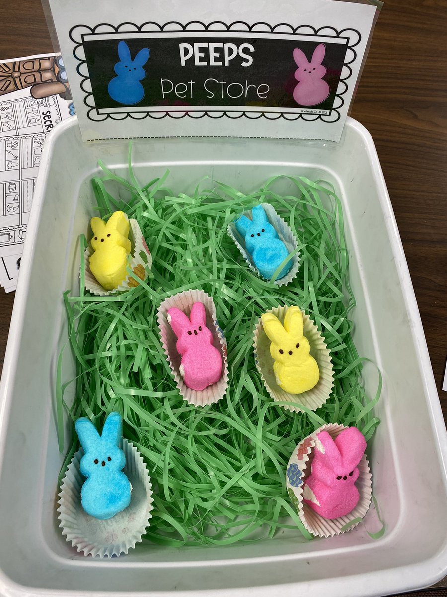 dclingingsmith1's tweet photo. This “Peeps Pet Store” appeared today in our room! 🐰 Friends each chose a baby peep that they are keeping safe this week!! We named and described each peep too! #lastweekbeforebreak #takingcareofourpeeps #nameslikeFlowerandFluffy #fabulousfirsties #enjoytheview @VV_Voyagers https://t.co/NMZ5BCQjKK