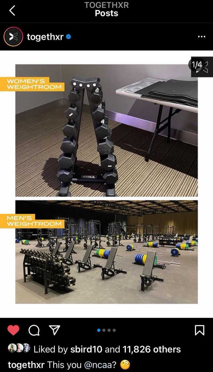 karabouvier's tweet photo. This story hit a nerve. The inequality of the weight room at the NCAA Tournament is real. There is still work to do. The women that called this out are brave. If you’re not uncomfortable yet, you have more work to do. #stillfighting #womenshistorymonth https://t.co/RDxic5F7cs