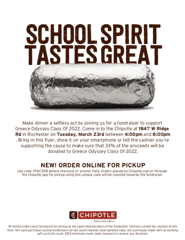 Get chipotle for dinner tomorrow to help support the ODY class of 2022! <a href="/GreeceOdyssey/">Odyssey Academy</a> <a href="/GreeceCentral/">Greece Central</a> #WeAreOdyssey #classof2022