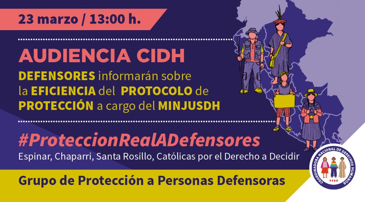 📢 #179PeriodoCIDH
Mañana, martes 23, 🕐13:00 p.m (hora peruana) Defensores informarán a la <a href="/CIDH/">CIDH - IACHR</a> cómo se viene implementando el #ProtocoloDeProtección para #Defensores que realiza el <a href="/MinjusDH_Peru/">Ministerio de Justicia y Derechos Humanos</a>

Ingreso libre, pueden registrarse aquí 👉🏿 cutt.ly/6xwddRQ