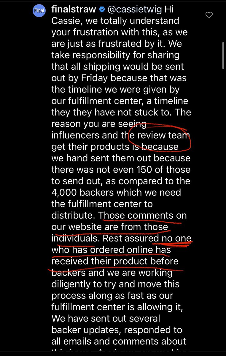 CassieAtLarge's tweet photo. Hey @FinalStraw just want to be clear, were you lying about “Verified Buyers” actually being your Trial Team and no one who placed orders got them before Kickstart Backers. Or are you lying on Kickstarter and all those reviews are from actual buyers who got them before Backers? https://t.co/dHKt7yBIm3