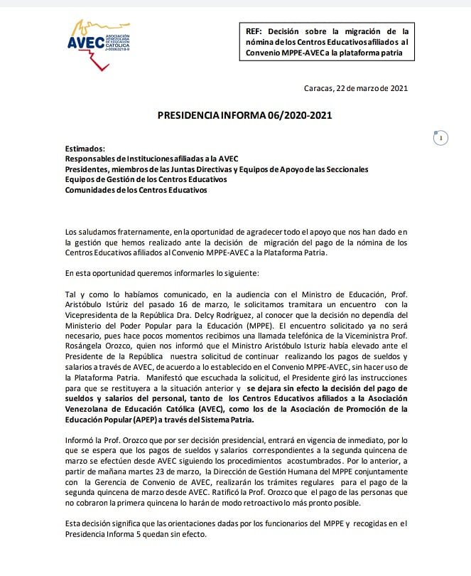avec_sc's tweet photo. El Presidente de la República giró las instrucciones para que se restituyera a la situación anterior y se dejara sin efecto la decisión del pago de sueldos y salarios del personal a través  Sistema Patria. #Avec #AvecVidaEnAbundancia https://t.co/EcmAp7qs30