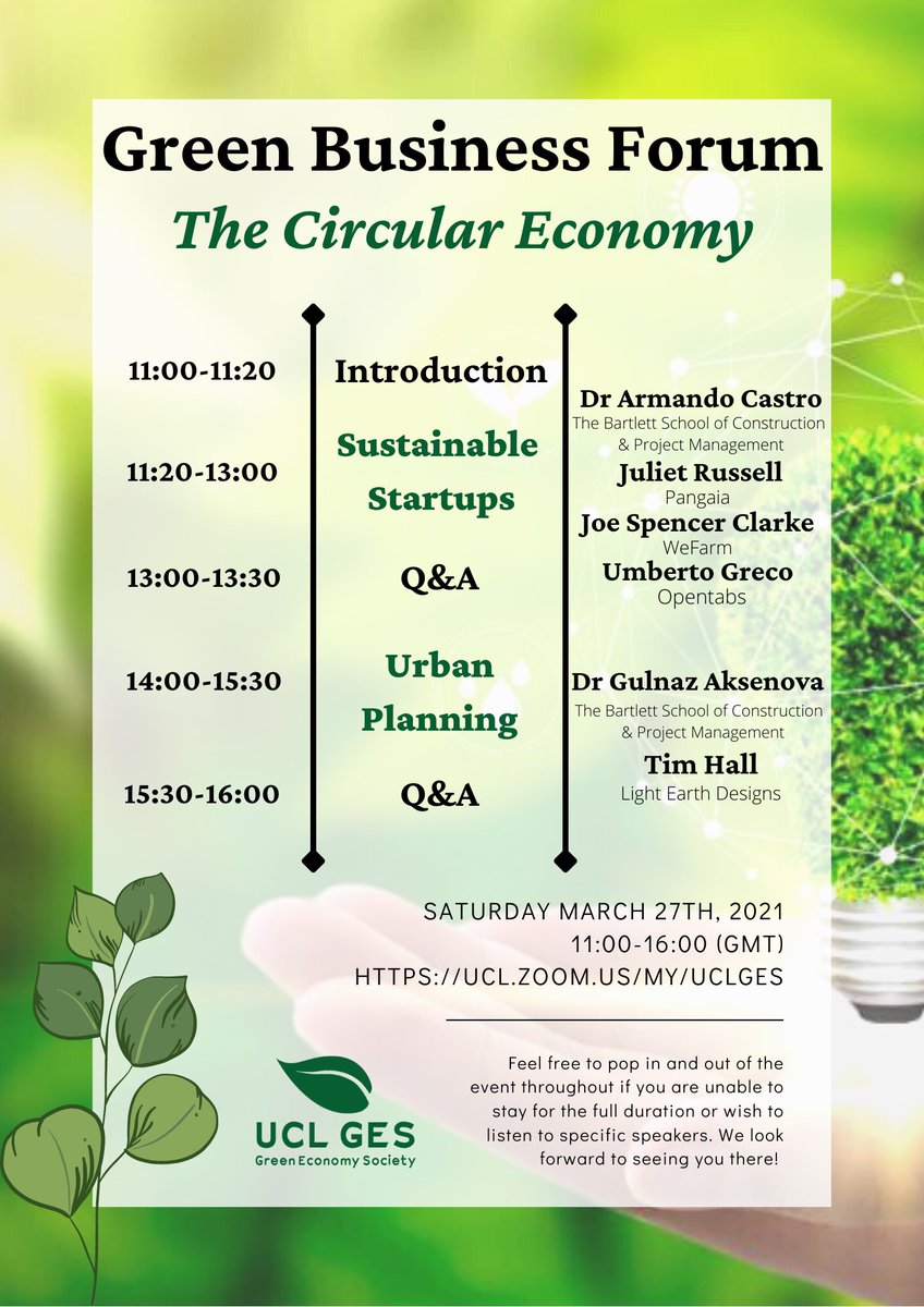 uclges's tweet photo. Join us this Saturday for our flagship event of the year! We’ll be hosting two panels on facilitating a circular economy with Sustainable Start-ups and Sustainable Urban Planning, both of which will include a Q&amp;A session! https://t.co/XuRxyyagRY