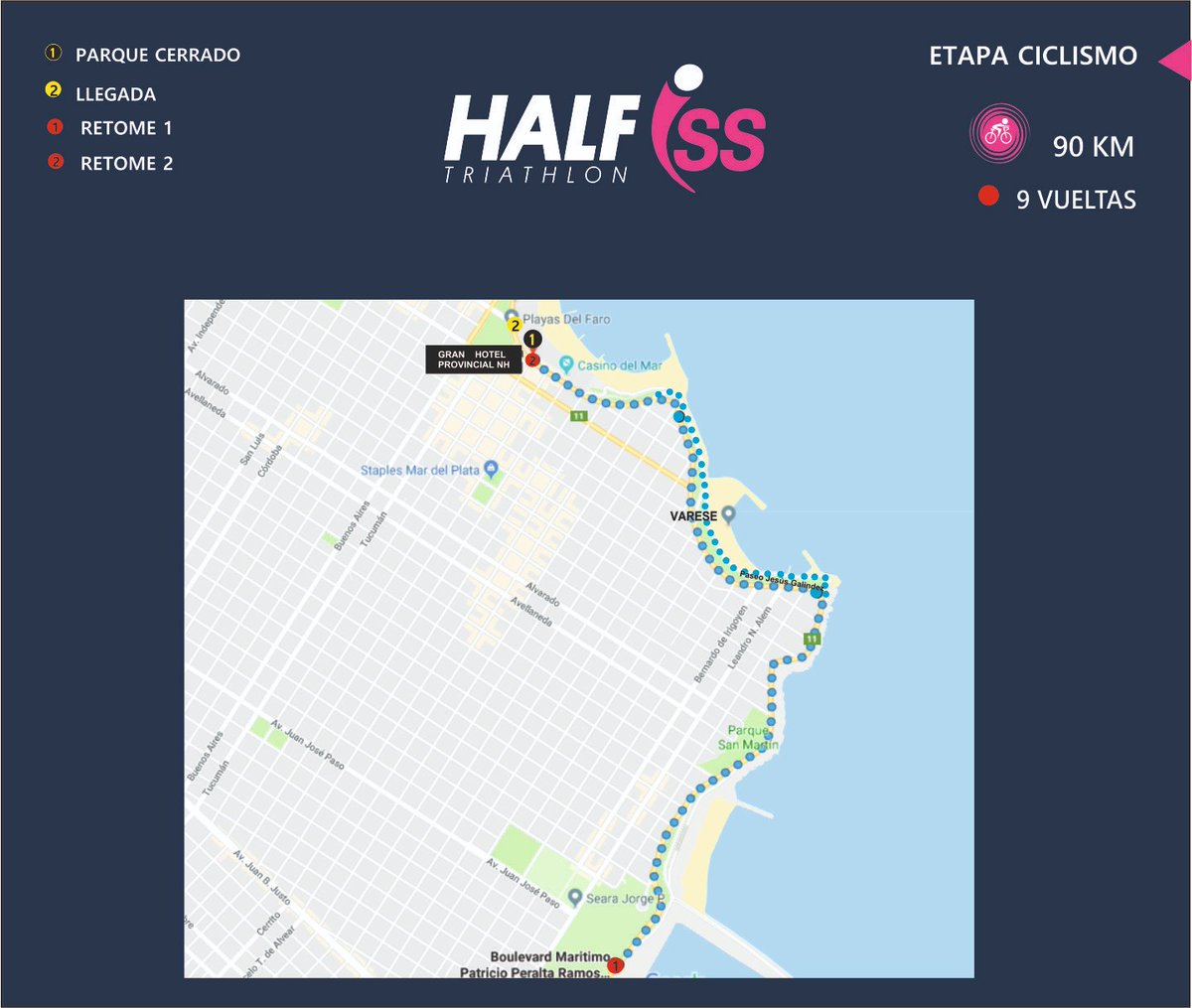 ISSportsarg's tweet photo. Los 90 kilómetros de ciclismo se harán en 9 vueltas, saliendo del Parque Cerrado hacia el sur por la costa, retome en la Base Naval y regreso por Boulevard Marítimo hasta ingresar al Paseo Jesús de Galíndez, pasando por el Torreón del Monje y subida por Alsina para retome. https://t.co/WxNy7ngOl8