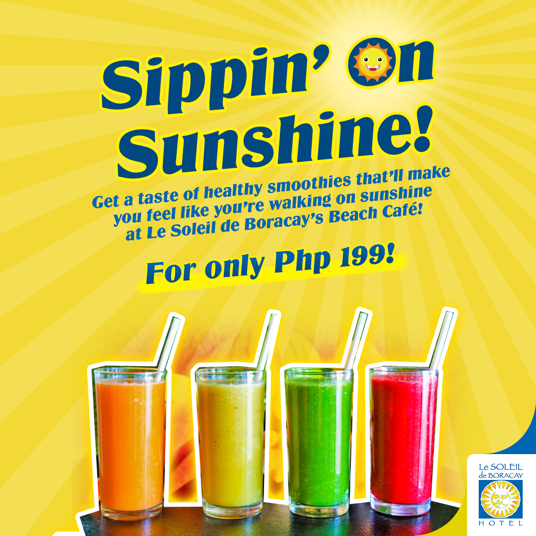LSDBHotel's tweet photo. Is the summer heat getting to you? Stop by the Beach Café for healthy drinks that not only refreshes but also detoxifies the body! See you! ☀️#SippinonSunshineatLeSoleildeBoracay https://t.co/31WAZLYpG9